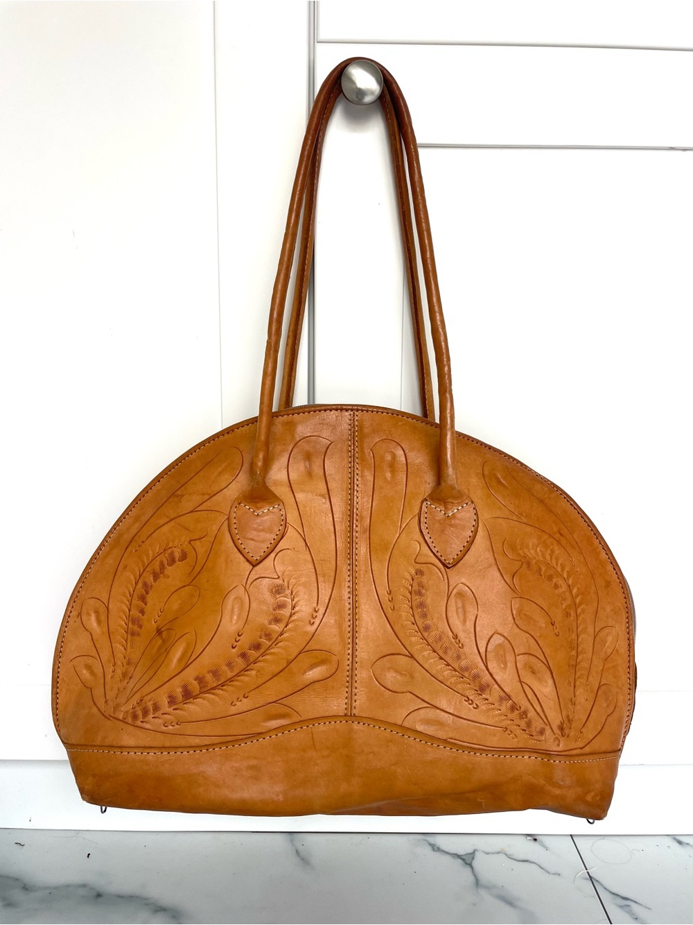 Hand-Tooled Leather Dome Tote Bag - Tan